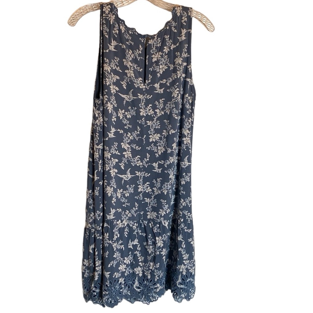 Loft Lace Eyelet Trim Flounce Swing Dress LP Cottagecore Blue White Floral Birds - Picture 3 of 12